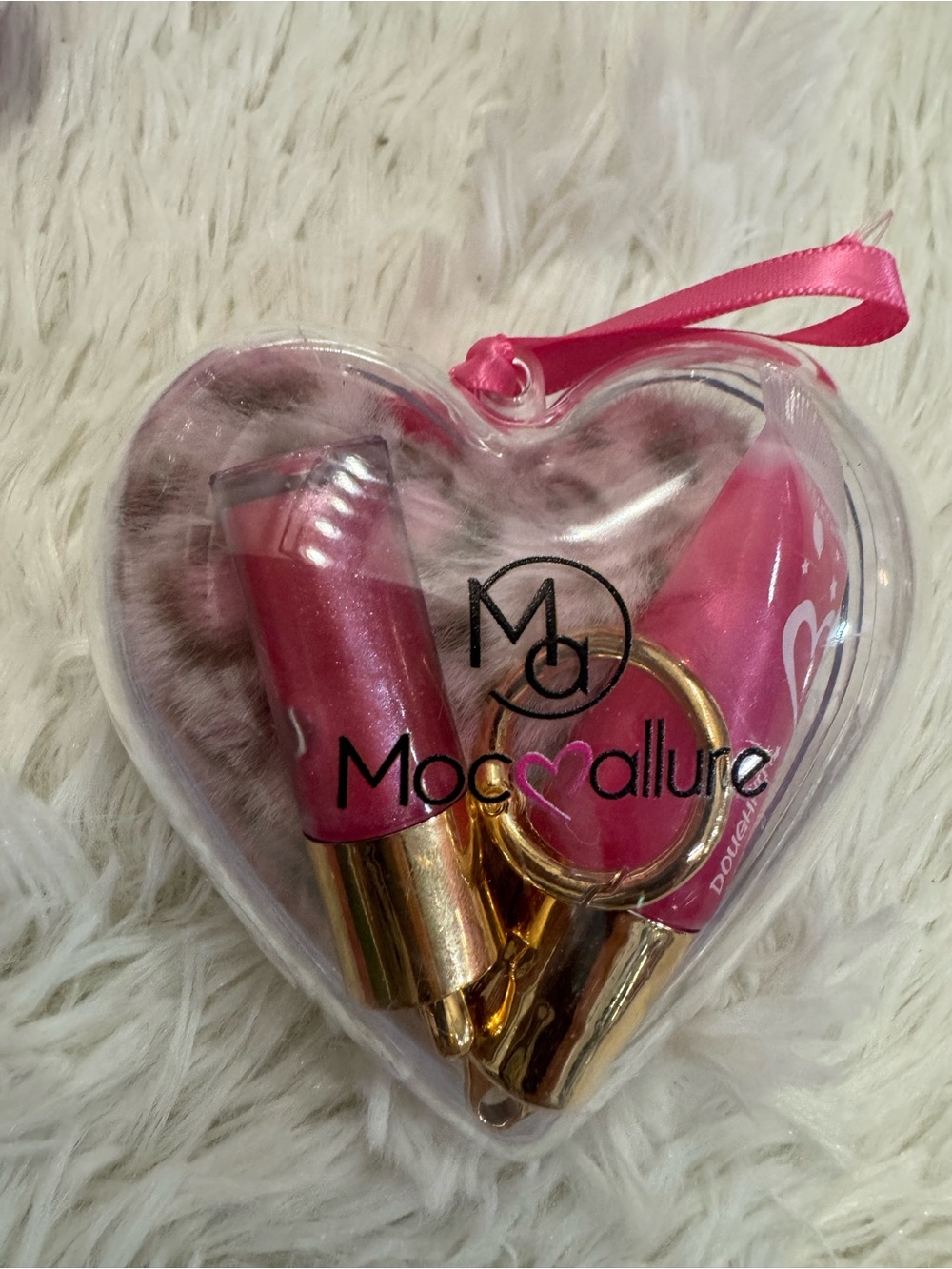 Heart-Shaped Pink plush keychain with 2 lip glosses Gift Set on a plastic heart